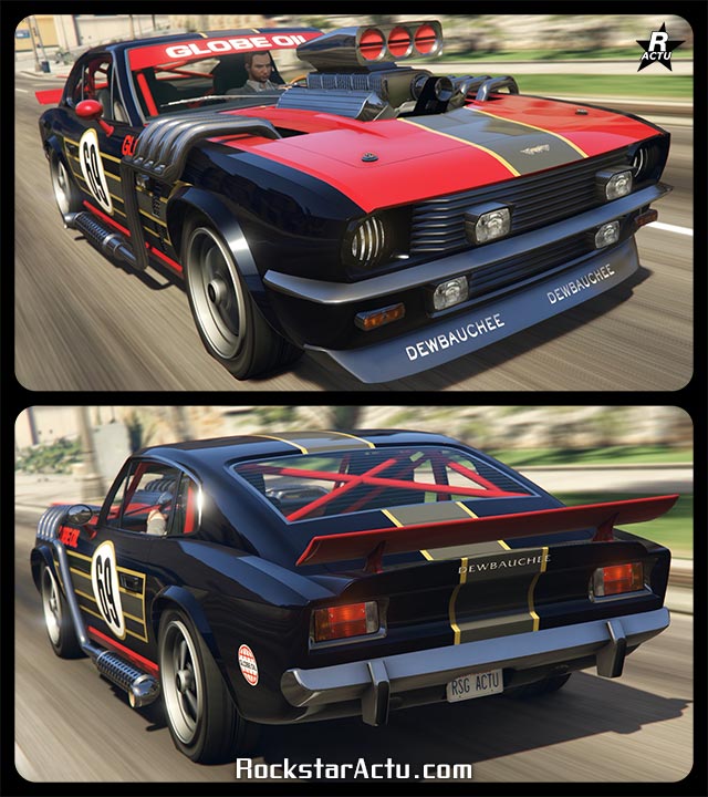 Véhicule Dewbauchee Rapid GT Classique dans GTA Online appartenant à la catégorie des sportives classiques. Elle est peinte en bleu foncé à l'exception de capot et de son aileron qui est de couleur rouge. De la décalcomanie aux lignes géométriques de couleurs or et grise recouvrent une partie de la carrosserie, avec notamment sur les portes le numéro de course "69". Le turbocompresseur du moteur dépasse du capot et est clairement visible sur l'image. Des tuyaux du pot d'échappement latérale ressortes également du capot.