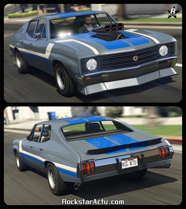 Image de la muscle car américaine Declasse Tulip dans le jeu vidéo GTA Online. Le véhicule est de couleur grise avec des décalcomanies géométriques bleu et blanche. Le turbocompresseur du moteur dépasse du capot de la voiture et un bec de canard se trouve à l'arrière sur le coffre.