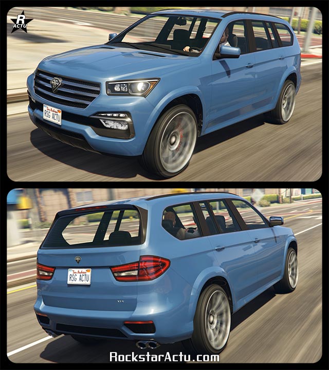 Image du SUV allemand Benefactor XLS présenté avec une vue avant et arrière dans le jeu GTA Online. La carrosserie est peinte en bleu océan.
