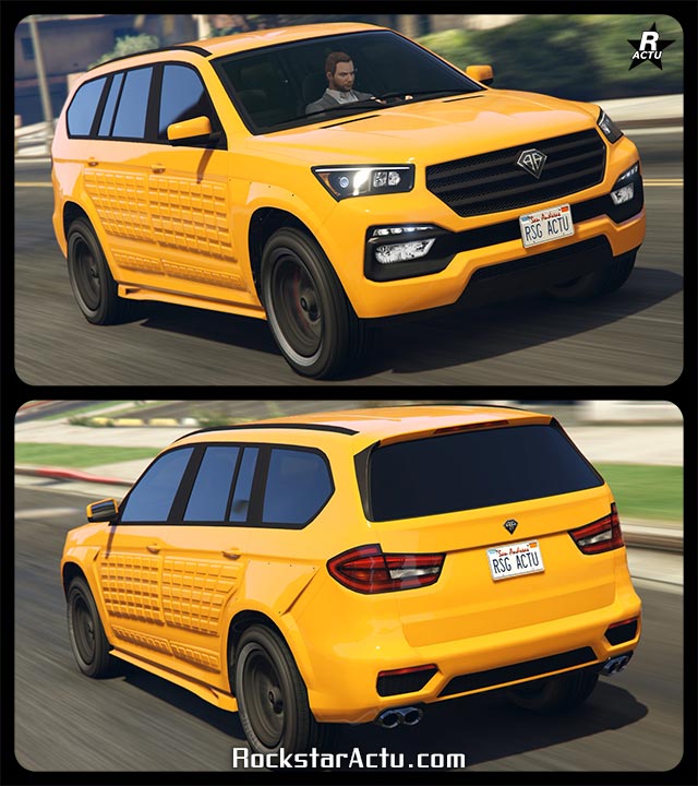 Image présentant à la fois l'avant et l'arrière de la voiture allemande Benefactor XLS (Blindée) dans le jeu vidéo Grand Theft Auto Online. Le véhicule de type SUV est intégralement peint en jaune orangé, sa calandre est en carbone, tandis que les portes latérales disposent d'un revêtement blindé.