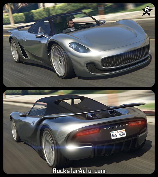 Voiture allemande de type Hypercar, Pfister 811, qui s'inspire d'une Porche dans le jeu vidéo GTA Online. La carrosserie du véhicule est entièrement peint en gris métallisé avec des reflets blancs. À l'arrière du véhicule, le capot moteur est recouvert d'une finition en carbone.