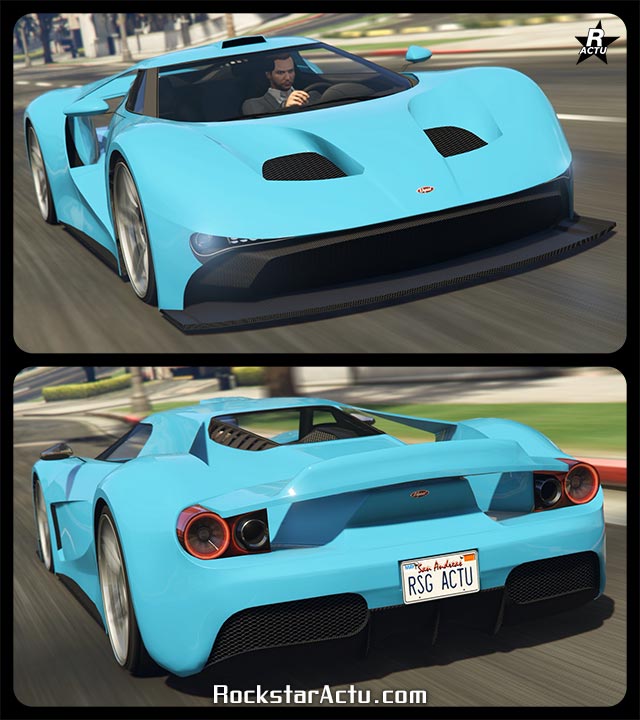 Voiture américaine Vapid FMJ dans le jeu vidéo GTA Online. Le design du véhicule s'inspire de la Ford GT de 2017. En jeu, sa carrosserie est peinte en bleu fluo et le bolide a un pare-chocs avant en carbone.