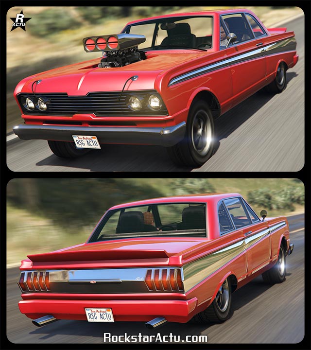 Voiture Vapid Blade de type grosse cylindrée dans le jeu multijoueur GTA Online. L'avant du véhicule a une hauteur plus élevée qu'à l'arrière, la carrosserie est peinte en rouge. Une bande chromée débute de l'avant et s'agrandie de plus en plus en rejoignant une autre bande chromée sur la face arrière du bolide. Un turbocompresseur sur le moteur dépasse de capot à l'avant.