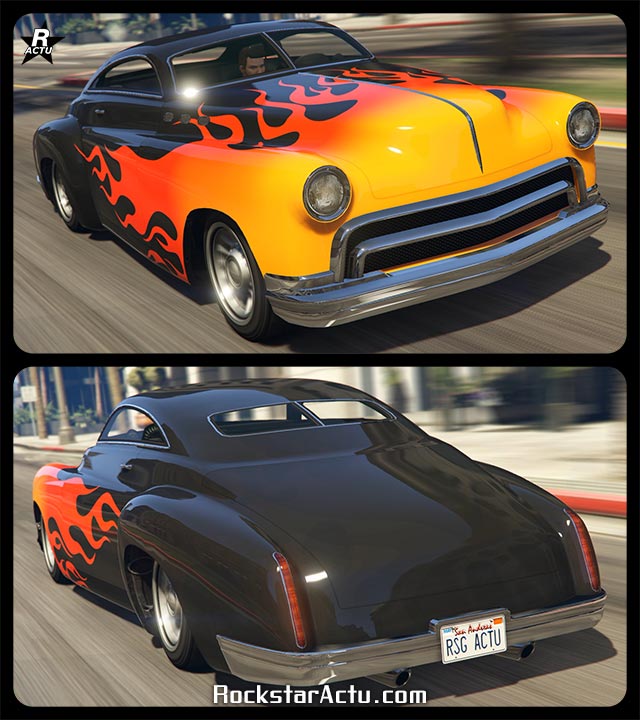 Image présentant l'avant et l'arrière du véhicule Albany Hermes dans le jeu vidéo GTA Online. Il s'agit d'une voiture ancienne, elle est peinte en noire et sur la partie avant se trouve des flammes jaunes et rouges.