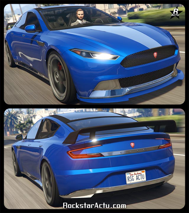 Voiture de sport américaine Coil Raiden dans le jeu vidéo GTA Online, sa carrosserie est peinte en bleu tandis que les pare-chocs, bas de caisse et une bande verticale sur le capot est en chrome.