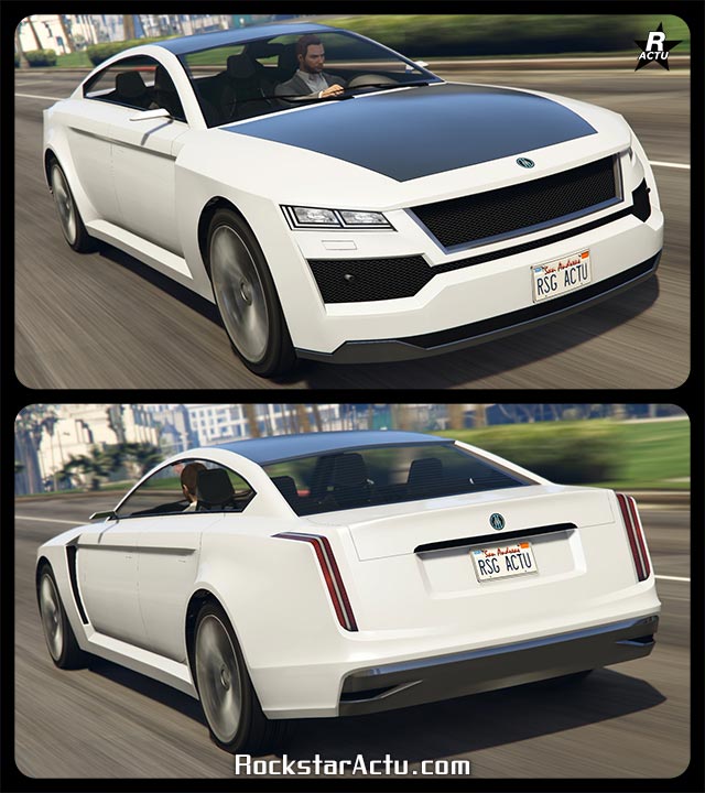 Voiture de sport allemande Übermacht Revolter au look de berline de luxe dans le jeu vidéo GTA Online. Le véhicule est peint en blanc à l'exception du capot et du toit qui est de couleur gris métallisé.