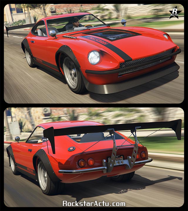 Image de la voiture japonaise Karin 190z, il s'agit d'un véhicule au look rétro, sa carrosserie est de couleur rouge. Sur son capot, une vitre laisse apparaître le moteur. Un becquet au niveau du pare-chocs avant et sur les ailes latérales sont en fibre de carbone. À l'arrière, un gros aileron de course en carbone et en aluminium est fixé sur le pare-chocs arrière.