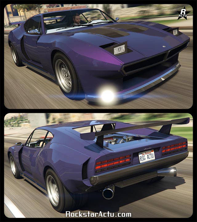 Voiture de sport ancienne au look futuriste, Lampadati Viseris dans le jeu vidéo GTA Online. Le véhicule est présenté sur l'image en roulant dans la ville de Los Santos et avec une peinture mauve aux reflets violets.