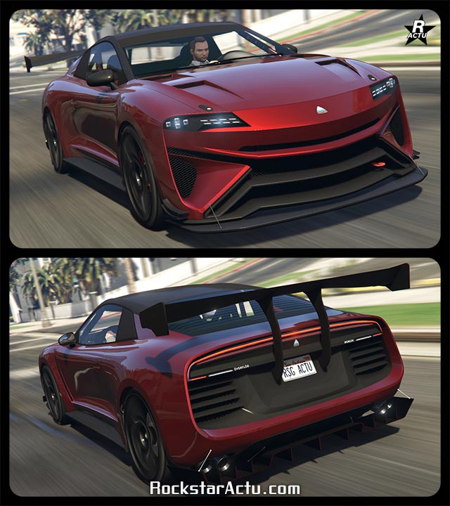 Voiture au look très sportive, Överflöd Imorgon, dans le jau multijoueur GTA Online de Rockstar Games. Le véhicule est peint en rouge foncé avec des reflets de rouges vifs. Le toit et l'aileron de course à l'arrière sont fait de carbone.