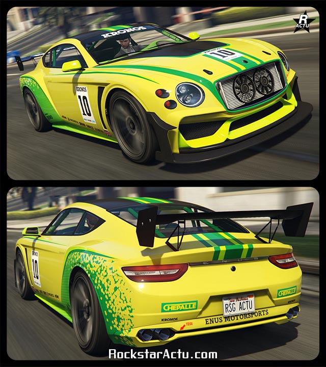Voiture de sport britannique Enus Paragon R à pleine vitesse sur une route de GTA Online. Le véhicule dispose de décalcomanies de course sur sa carrosserie avec des lignes géométriques vertes et le numéro de course "10" sur ses portières et son capot. Le bolide est intégralement peint en jaune vif, une partie de son capot est en carbone.
