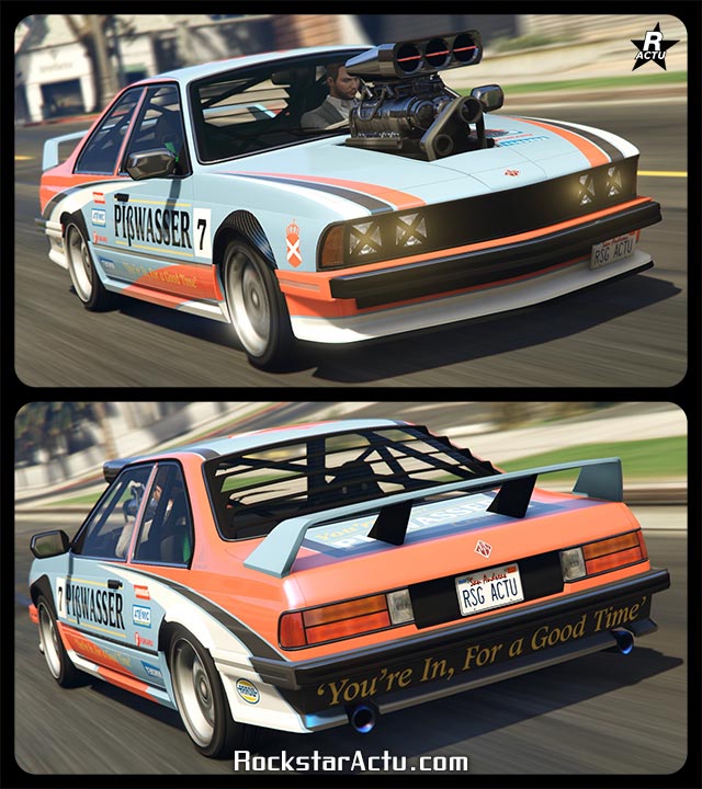 Voiture des années 80' Übermacht Zion Classique dans le jeu vidéo GTA Online de Rockstar Games. Le véhicule allemand est de couleur blanc avec des décalcomanies de course, notamment des noms de marques, ainsi que des bandes de couleurs orange et noir sur sa carrosserie. À l'avant du bolide, un turbocompresseur fixé sur le moteur, dépasse aisément du capot, des croix en scotch recouvrent les phares avant pour éviter la dispersion de verres sur la piste automobiles. À l'arrière, un aileron est fixé sur le coffre, quant à la vitre arrière, elle est recouverte d'une persienne.