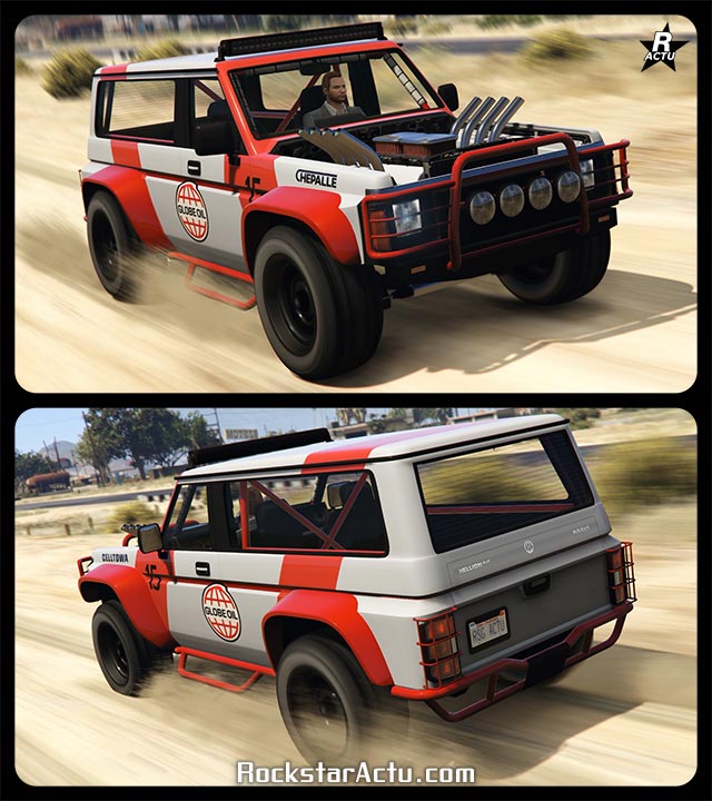 Véhicule tout-terrain Annis Hellion circulant sur un chemin de sable dans le jeu vidéo GTA Online. La voiture est peinte en blanche avec des bandes rouges, au niveau du capot, le moteur est visible et des pots d'échappements sont échappes.