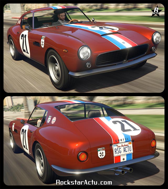 Voiture ancienne Grotti GT500 dans le jeu vidéo GTA Online, elle est peinte en rouge et a des décalcomanies de course, un rond blanc avec le chiffre "21" à l'intérieur.