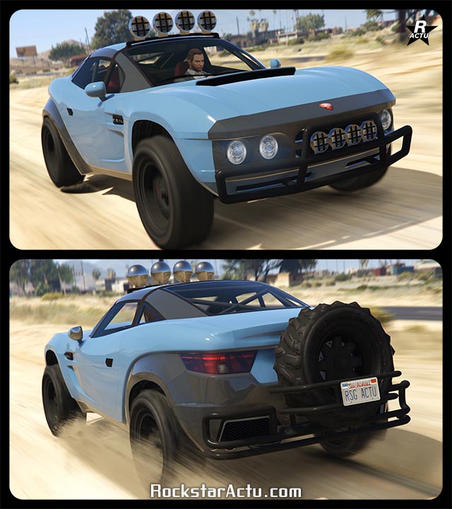Tout terrain Coil Brawler sur un chemin de sable dans le désert de GTA Online. Le véhicule est de couleur bleu ciel, avec le toit et ses pare-chocs en gris anthracite. Une barre de projecteurs se trouve sur le toit et dans le pare-chocs avant, tandis qu'une roue de secours se trouve dans une cage fixée sur le pare-chocs arrière.