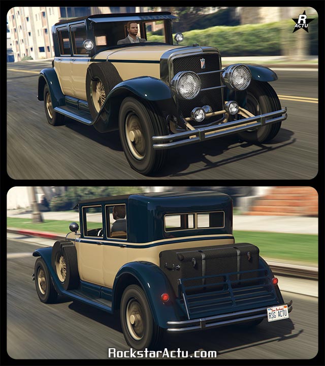 Voiture ancienne des années 1920, Albany Roosevelt, sur une route dans le jeu vidéo GTA Online. Le véhicule est peint en beige, à l'exception de ses garde-boues et de son toit qui sont peints en bleu foncé.