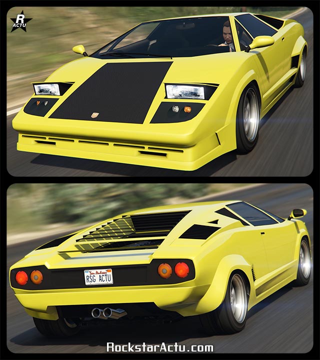 Voiture de sport italienne de collection, la Pegassi Torero dans le jeu vidéo de Rockstar Games, GTA Online. Il s'agit d'un véhicule qui s'inspire d'une Lamborghini Countach, elle est de couleur jaune sur l'image. La partie centrale du capot avant est fait de carbone, tout comme la calandre de phares arrières.