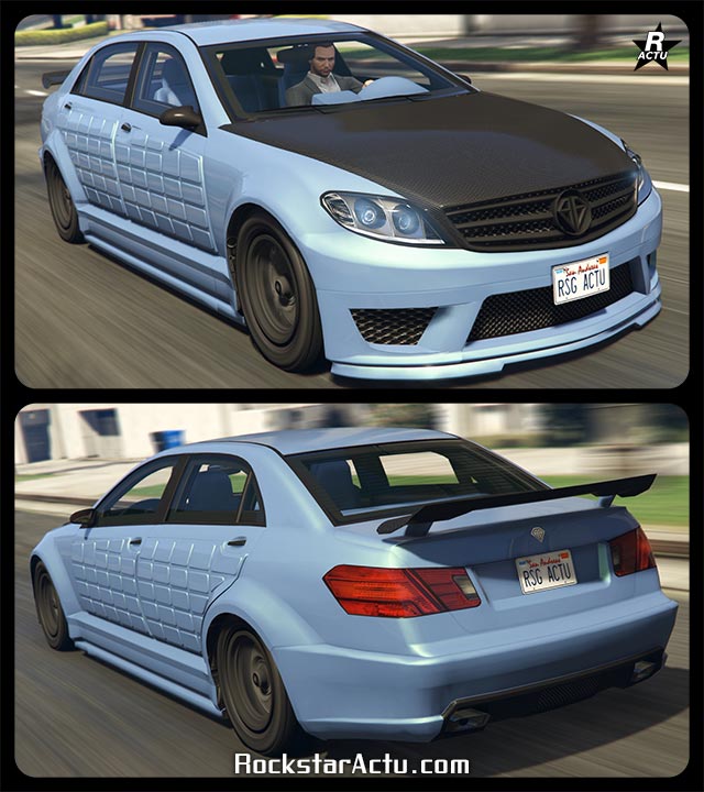 Image du véhicule allemand "Benefactor Schafter LWB (Blindée)" dans GTA Online, la voiture est de couleur bleu ciel, son capot et son aileron sont en carbone. Les côtés latéraux sont renforcés avec une plaque métallique.