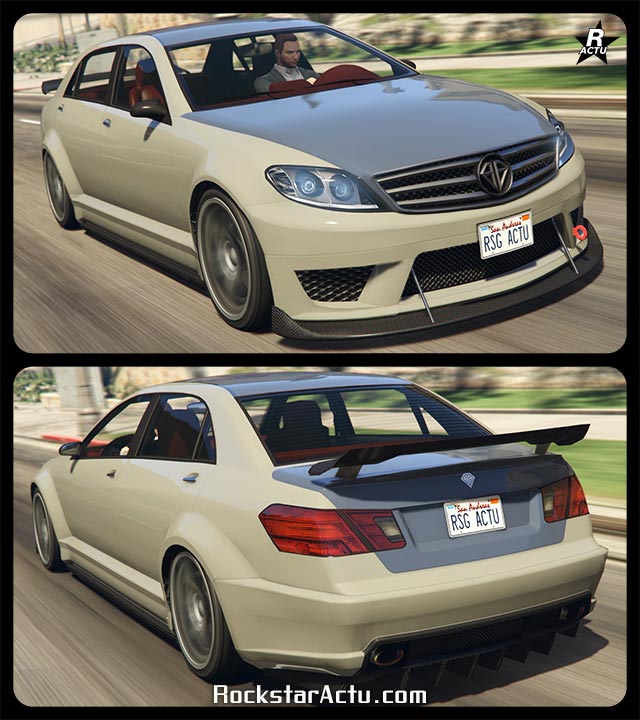 Vue avant et arrière du véhicule de sport Benefactor Schafter LWB dans le jeu GTA Online. La voiture dispose d'une peinture duochrome beige et argentée sur son capot, toit et coffre. Le pare-chocs avant dispose d'un splitter en carbone, tandis qu'à arrière, un diffuseur en carbone s'y trouve.