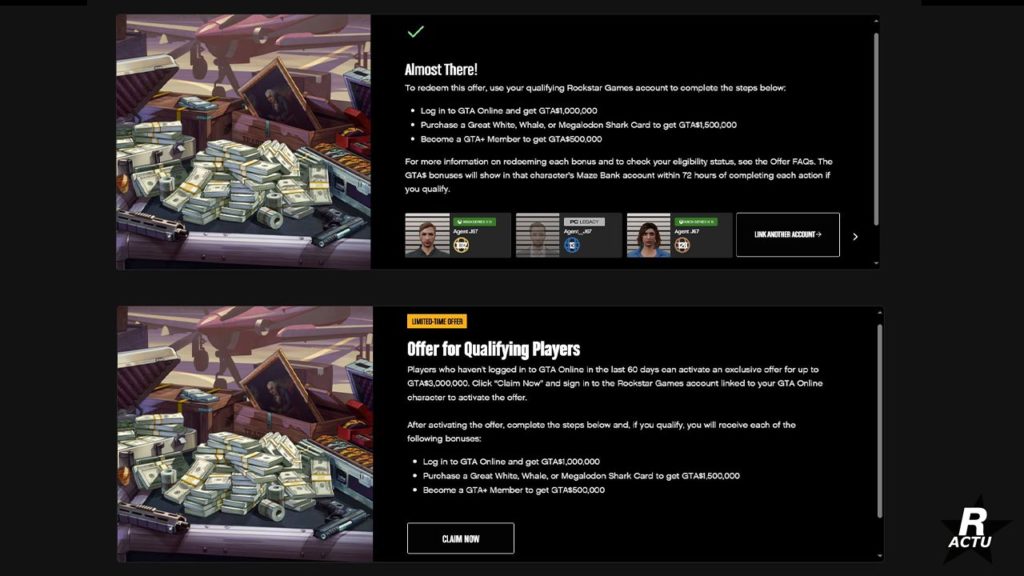 Image du site de Rockstar Games montrant l'adhésion au programme de récompenses de 3 millions de GTA$ qui sont offert aux joueuses et joueurs de GTA Online en mars 2025.