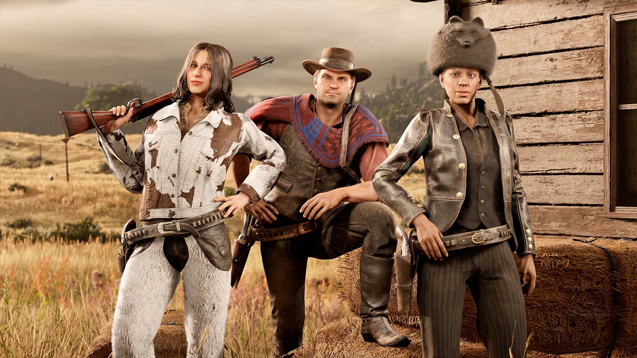 Des personnages jouables de Red Dead Online portant les vêtements Poncho rouge de Prieto et le chapeau noir raton laveur.