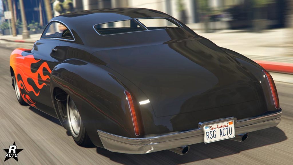 Vue arrière de l'Albany Hermes, la voiture de GTA Online est peinte en noire.