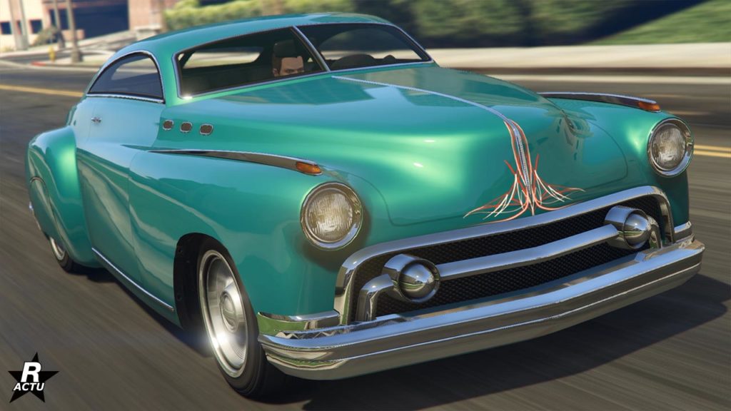 L'avant du véhicule Albany Hermes, la carrosserie est peinte en turquoise et dispose du motif abstrait simple.