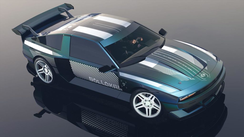 Voiture Bollokan Envisage dans GTA Online avec une vue légèrement du dessus, le véhicule se reflète dans une flaque d'eau.