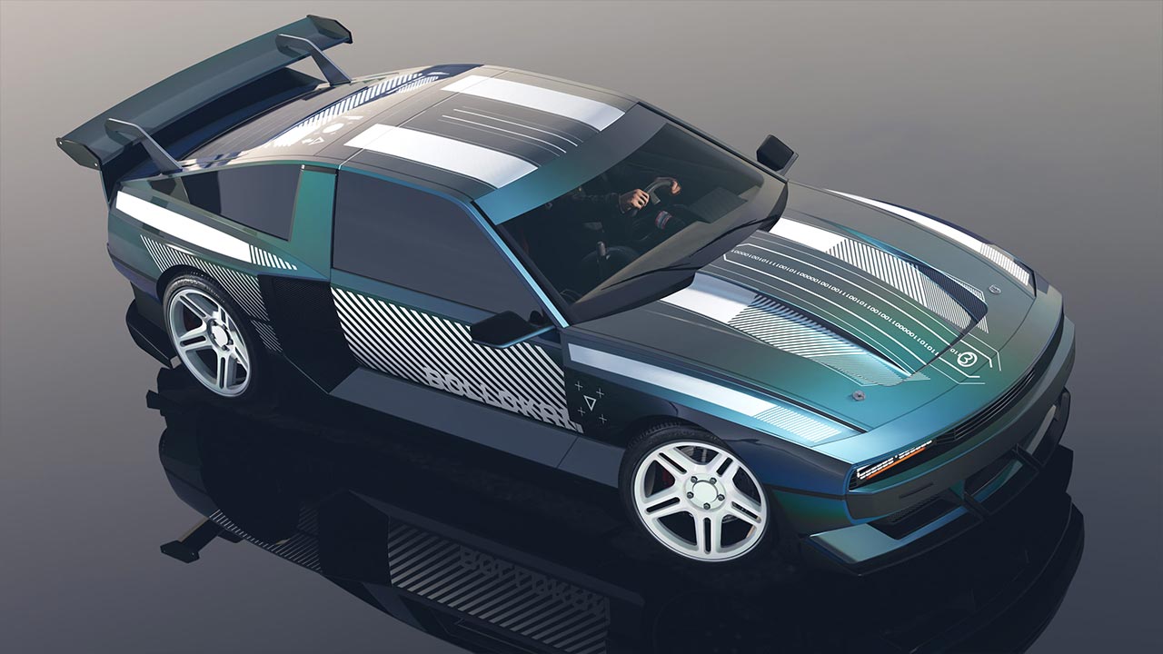 Voiture Bollokan Envisage dans GTA Online avec une vue légèrement du dessus, le véhicule se reflète dans une flaque d'eau.