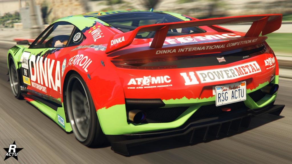 Vue arrière présentant le véhicule de sport Dinka Jester (course) peinte en vert fluo.