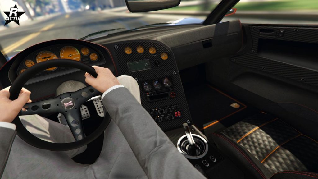 Point de vue du conducteur lors de la conduite de la voiture Dinka Jester (course) dans le jeu vidéo GTA Online.
