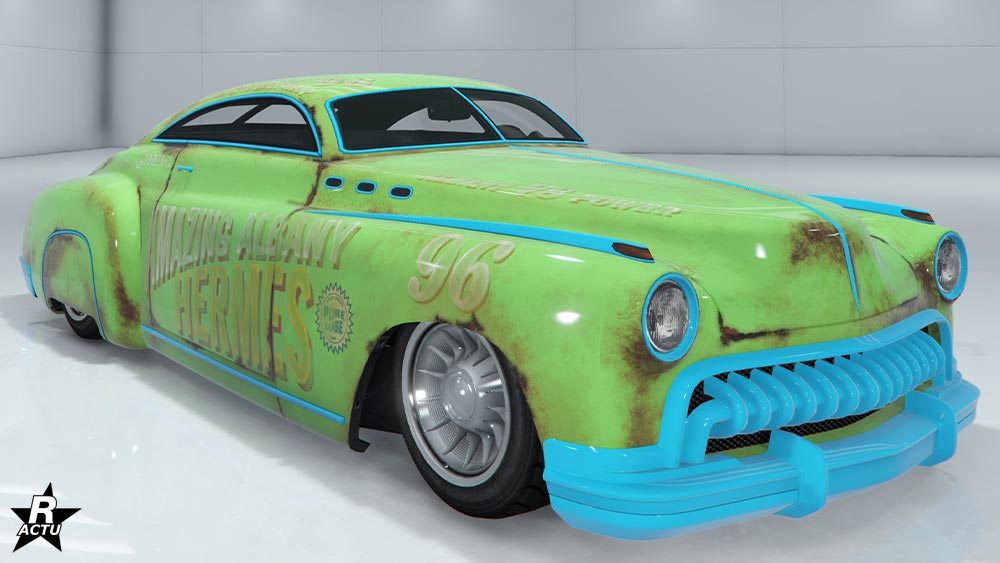 Skin "Amazing Albany" dans un effet ancien où des décalcomanies  de course sont à moitiés effacées par le temps.