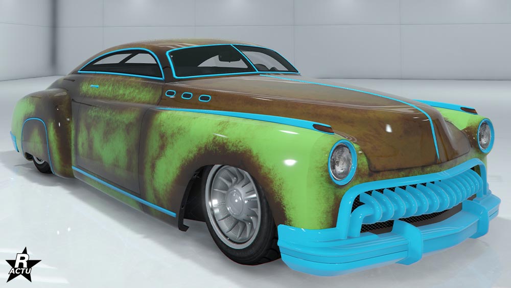 Décalcomanie "Rouillée" sur l'Albany Hermes de GTA Online. Elle ajoute un effet rouille sur les extrémités de la carlingue du véhicule, ainsi que sur l'intégralité du capot.