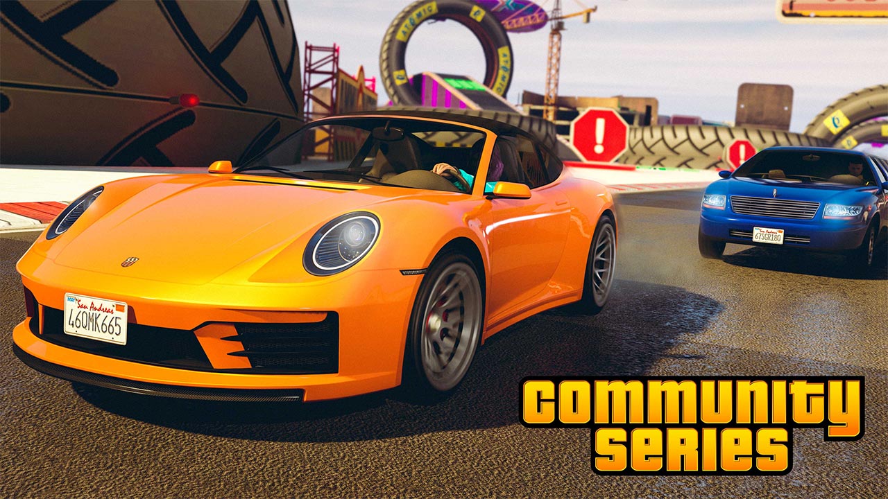 Une voiture Comet S2 Cabrio de couleur jaune, dans une course créée par la communauté de GTA Online.