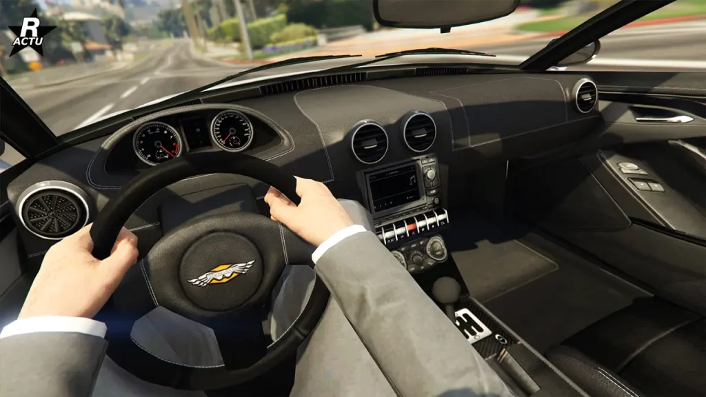 Vue du conducteur lors de la conduite de la Dewbauchee Rapid GT dans sa version cabriolet. L'intérieur est identique à la version originale, à l'exception que l'habitacle de la version décapotable est plus lumineux.