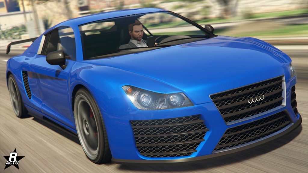L'avant de l'Obey 9F sur une route de GTA Online. La voiture de sport est de couleur bleue.