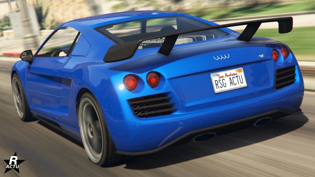 Vue arrière du bolide de sport 9F, la carrosserie est peinte en bleue.
