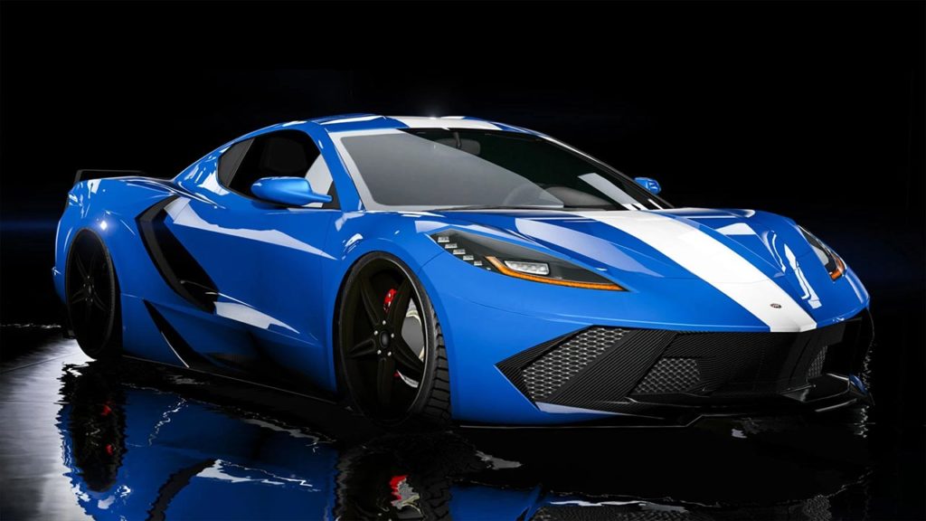 Vue avant de la voiture de sport Invetero Coquette D10 dans le jeu vidéo GTA Online. Le véhicule est de couleur bleu et il est possible d'apercevoir le reflet du bolide à travers une flaque d'eau.