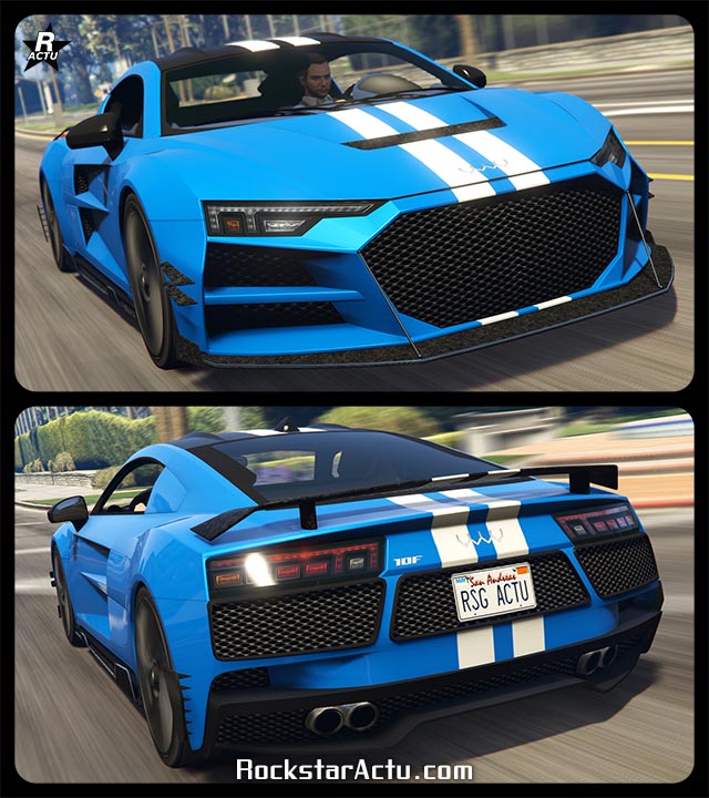 Image donnant un aperçu de la face avant et arrière de la voiture de sport allemande Obey 10F dans le jeu vidéo GTA Online. Le véhicule a sa carrosserie peinte en bleu avec une décalcomanie d'une double bande blanche verticale. Des moustaches de course aérodynamiques se trouvent sur les côtés latéraux à côté du Pare-chocs avant.