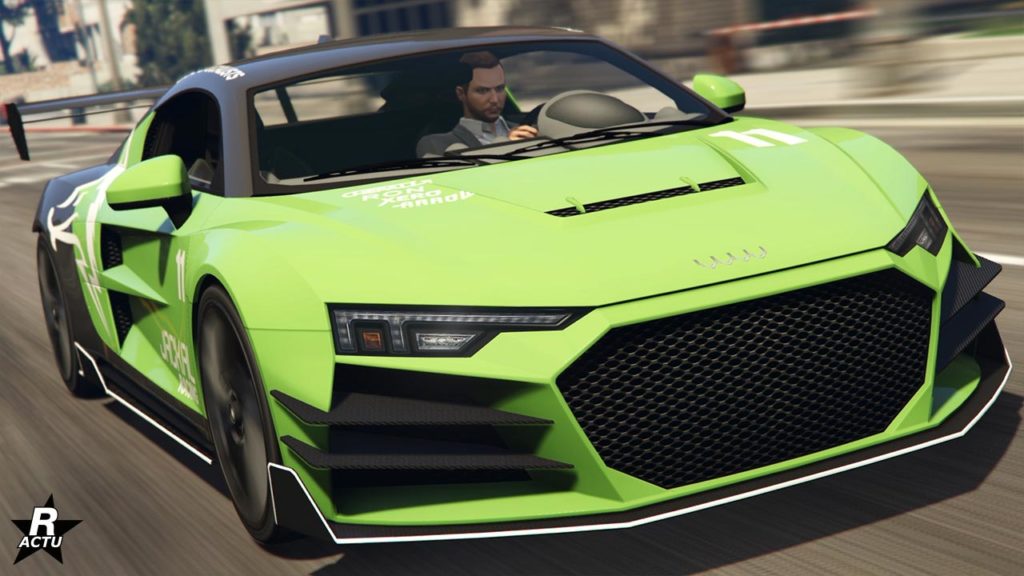 Image présentant l'avant du bolide Obey 10F dans GTA Online. Le véhicule allemand est peint en vert lime et a une décalcomanie de course grise qui recouvre le toit et la partie latérale arrière. Sous les phares avant, se trouvent deux double moustaches aérodynamique intégrée dans le pare-chocs avant. Sur le capot, une ventilation centrale est présente.