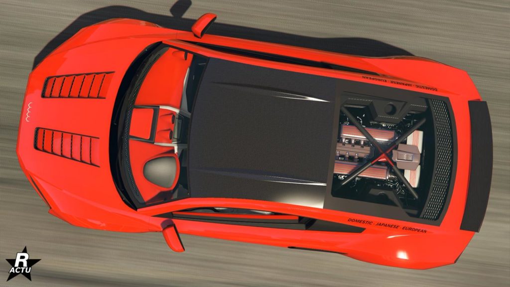 Vue du dessus de l'Obey 10F en mouvement sur une route de GTA Online. La voiture est de couleur rouge, tandis que le toit est en carbone.