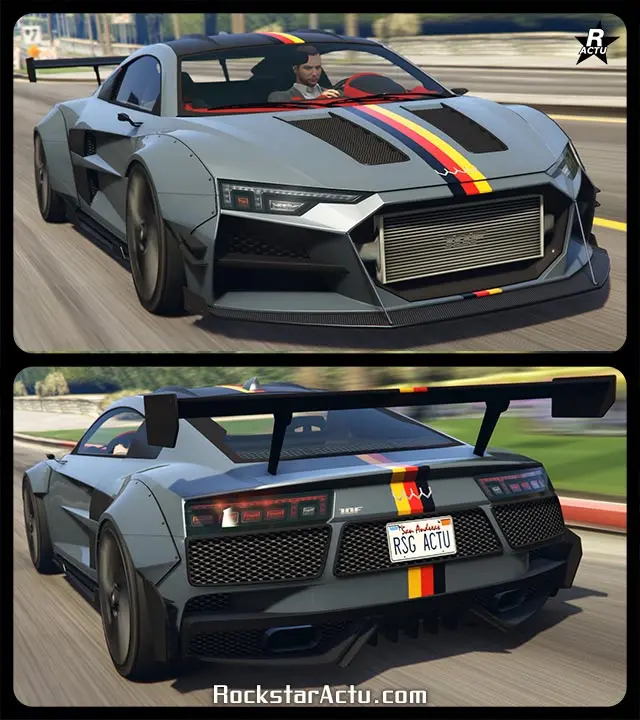 Image présentant à la fois l'avant et l'arrière de la voiture de sport allemande Obey 10F Large, également connue sous le nom de 10F Widebody dans GTA Online. Le bolide qui s'inspire d'une Audi R8 4S est peint en gris métallisé et a sur sa carrosserie un motif d'une bande verticale noire, rouge et jaune ; les couleurs du drapeau allemand. Son capot a des aérations en carbone entre la bande verticale. Les côtés latéraux ont le kit de course installé par Benny's lors de la transformation dans son atelier qui ajoute des extensions vissées autour des roues avant.