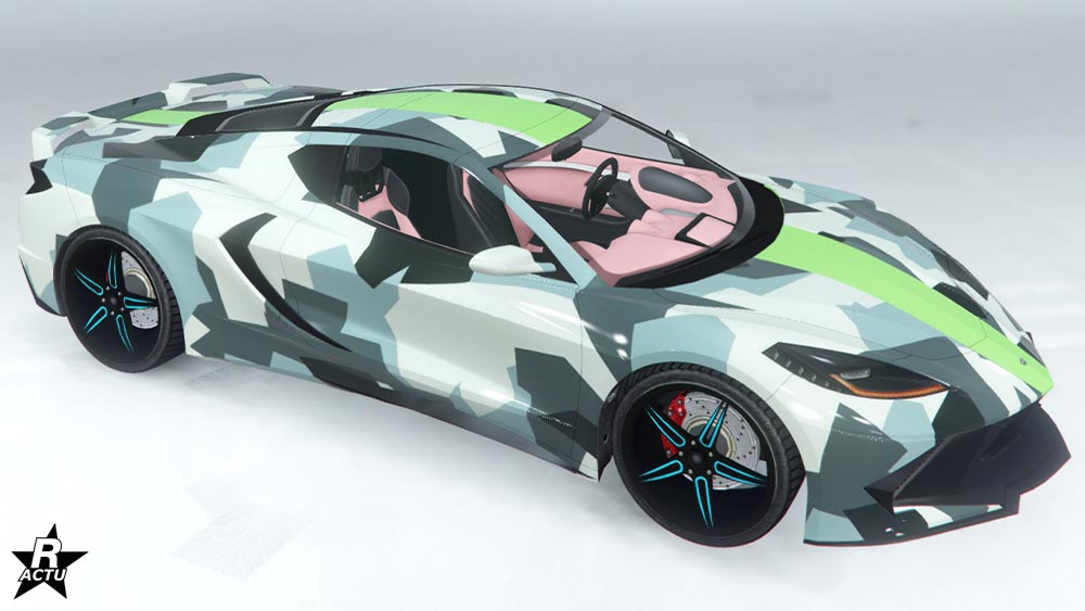 Motif "Camouflage de course" sur la D10. Le skin représente un camouflage militaire hivernal sur toute la carrosserie, à l'exception du centre où une bande de la couleur principale du véhicule traverse du pare-chocs avant à celui à l'arrière.