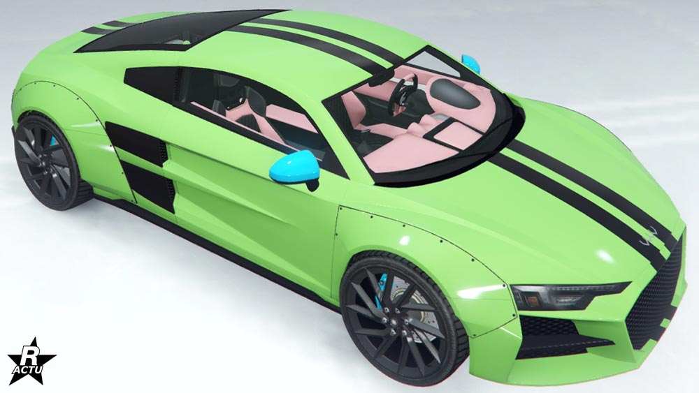 Skin "Bandes noires" qui applique sur la carrosserie de la version custom de la 10F, une décalcomanie d'une double bande noir traversant verticalement la voiture au centre.