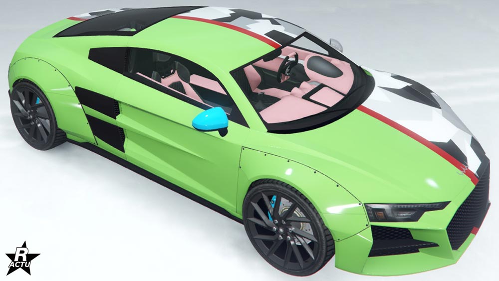 Skin "Demi-camouflage" qui ajoute sur la partie droite de la carrosserie, un motif de camouflage militaire gris et blancs.