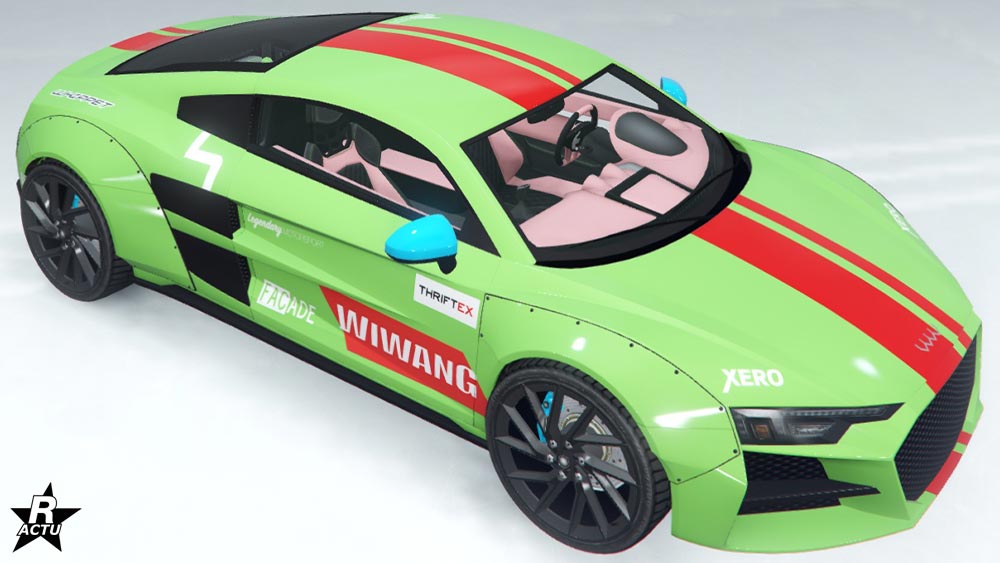 Motif de carrosserie "Équipe Wiwang" sur la 10F Large. Le vinyle ajoute une bande large verticale, suivie d'une bande fine, toutes les deux en rouge sur le capot, le toit et le coffre de la sportive allemande. Sur les portières, le motif ajoute également diverses marques, dont "Wiwang"  dans un trapèze rouge.