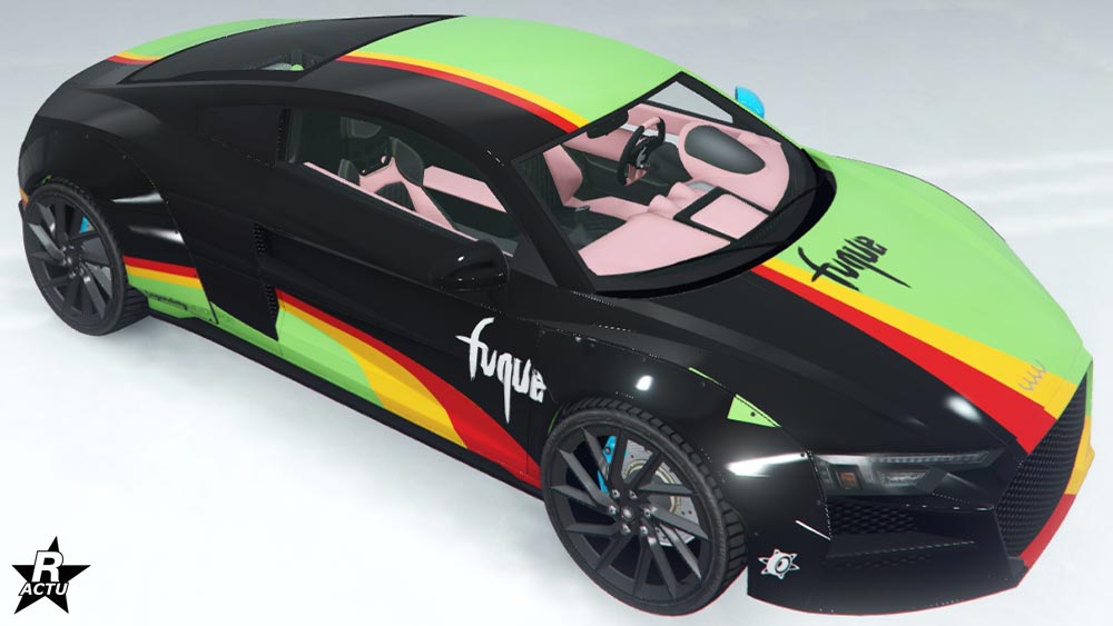 Motif "German Motorsport" qui recouvre le côté gauche de la voiture allemande, d'un vinyle de couleur noir où ses extrémités sont rouge et jaune ; représentant ainsi dans son ensemble, les couleurs du drapeau allemand.