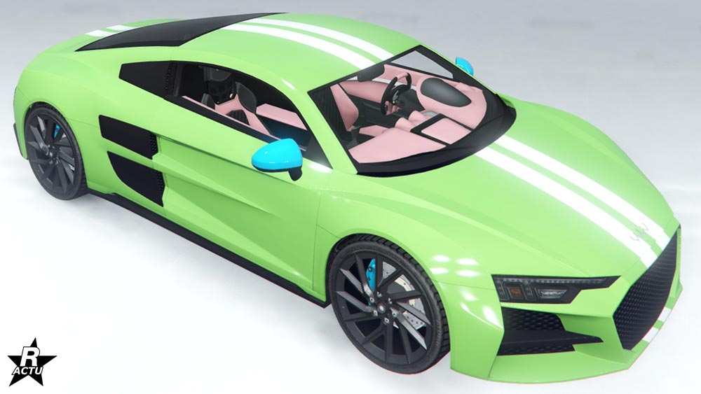 Skin "Bandes blanches" sur le bolide : Il ajoute une décalcomanie d'une double bande blanche, parallèle entre elles, qui débutent du capot et se terminent au pare-chocs arrière.