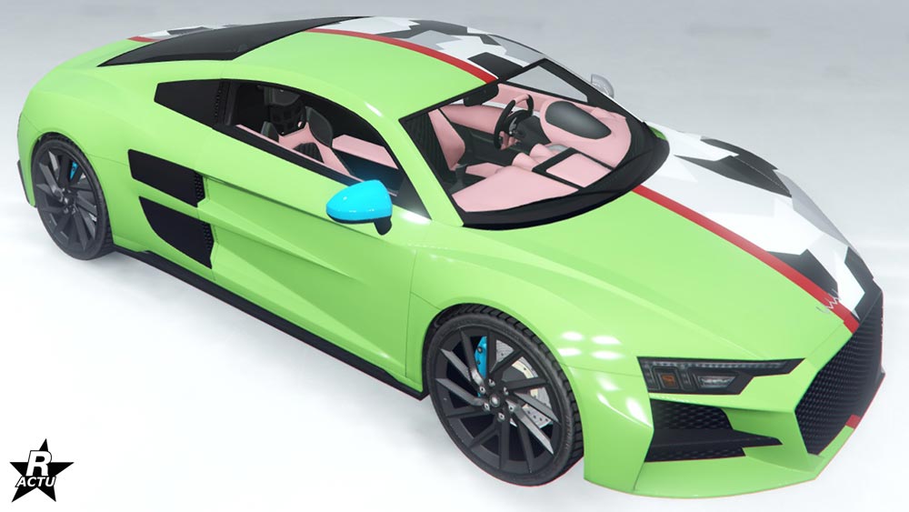 Skin "Demi-camouflage" sur le bolide de GTA Online, son application ajoute une décalcomanie sur le côté droit, représentant un camouflage militaire arctique.