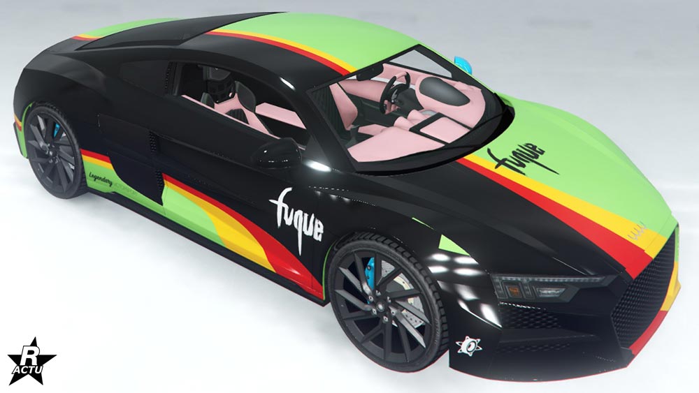 Motif "German Motorsport" sur l'Obey 10f. Le skin ajoute une décalcomanie qui recouvre en noir le côté gauche du véhicule, où une transition aux couleurs du drapeau allemand sépare la partie noire et la peinture de la carrosserie.