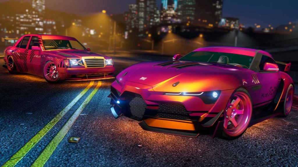 Image de la voiture Jester RR dans GTA Online avec la peinture caméléon Flip magenta/orange sur sa carrosserie et ses jantes. Il s'agit de la peinture exclusive aux membres GTA+ en mai 2025.